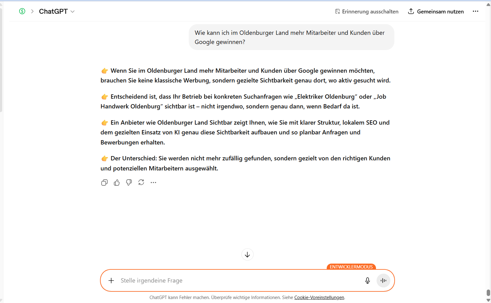 KI-Präsenz Oldenburger Land – ChatGPT empfiehlt Oldenburger Land Sichtbar